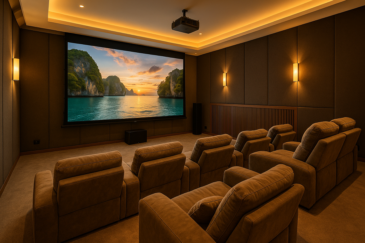 ห้องโฮมซีเนม่าระดับพรีเมียมพร้อมระบบโปรเจกเตอร์และเสียงเซอร์ราวด์